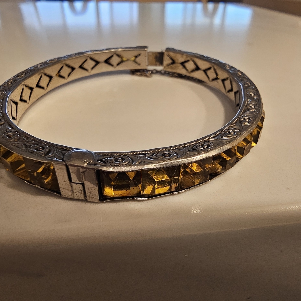 Sterling Bangle Bracelet With Amber Crystals